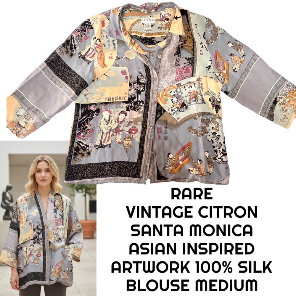 RARE VINTAGE 100% SILK ASIAN INSPIRED ARTWORK CITRON SANTA‎ MONICA BLOUSE MEDIUM